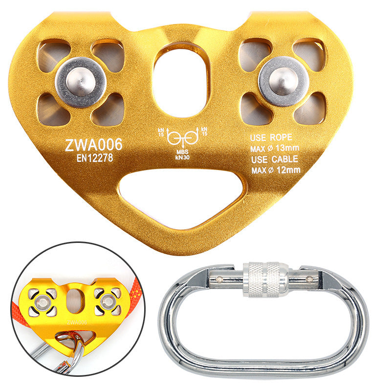 Heart Shaped Rock Climbing Double Shaft Pulley O-Shaped Threaded Steel Lock Rope